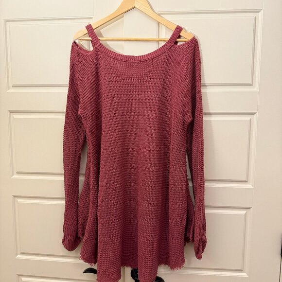 Free People Moonshine Tunic Top Waffle Knit Cotton Dusty Rose Cold Shoulder Sz L - Picture 5 of 7